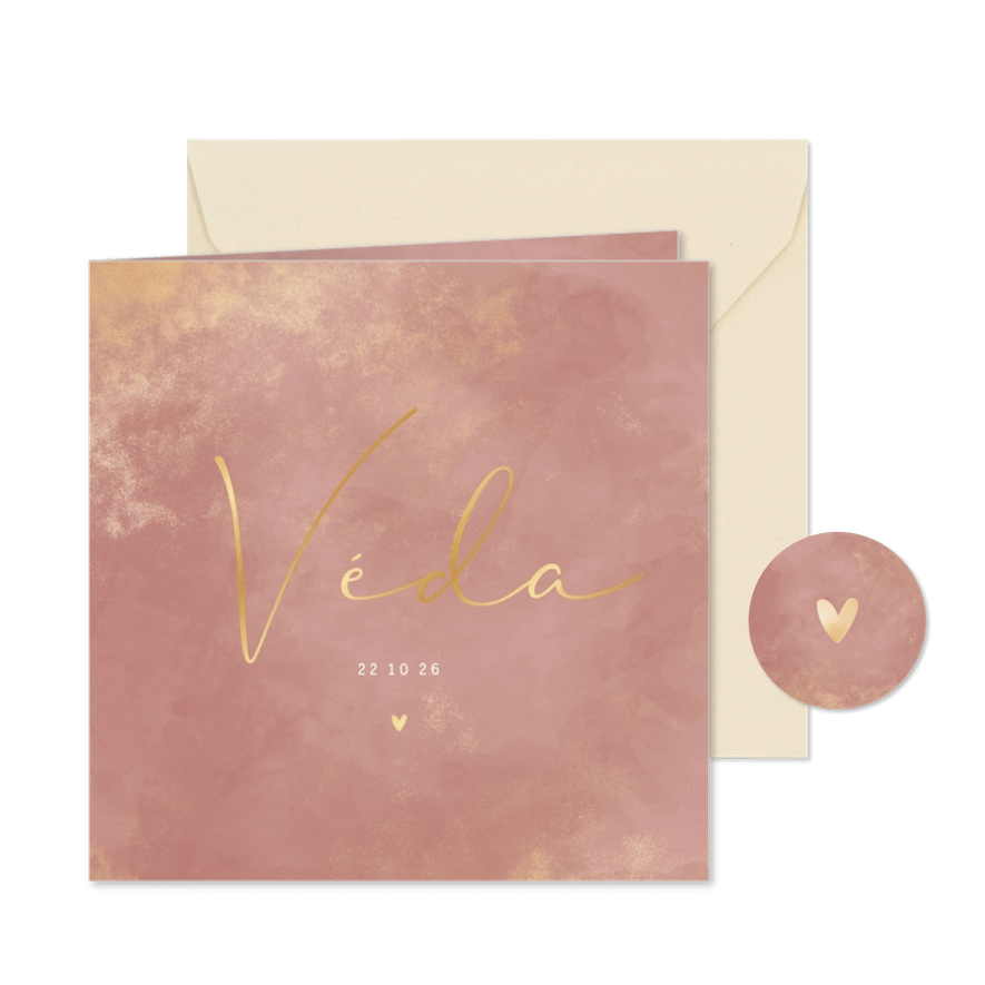 Geboortekaartje oudroze waterverf gouden poeder - Kaartimpressie