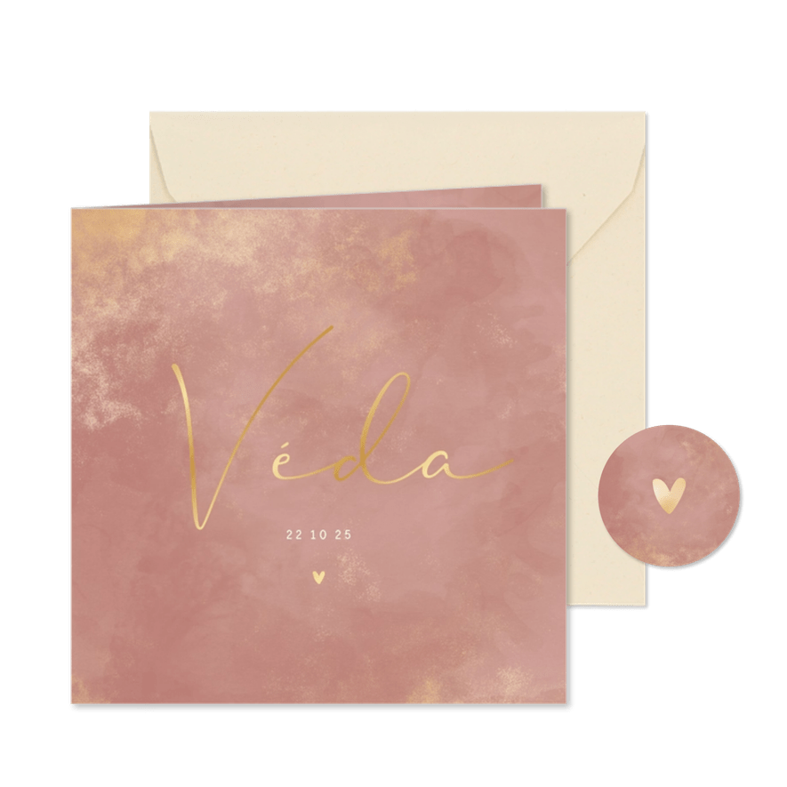 Geboortekaartje oudroze waterverf gouden poeder - Kaartimpressie