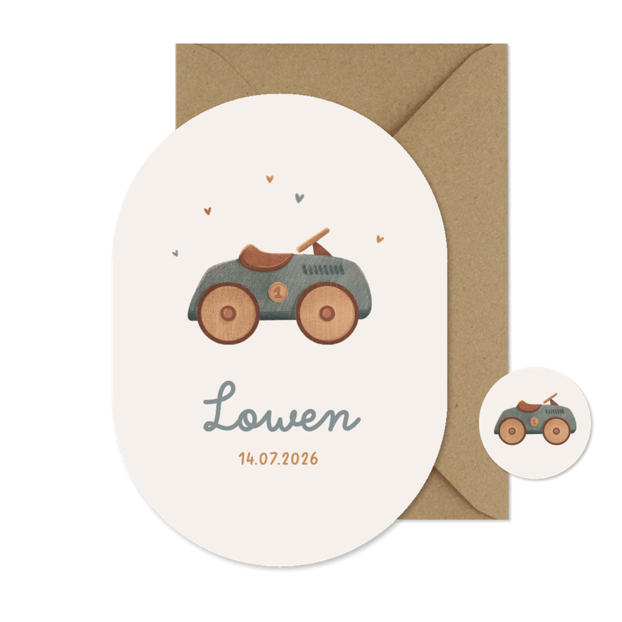 Geboortekaartje ovaal auto vintage retro speelgoed hout hip - Kaartimpressie