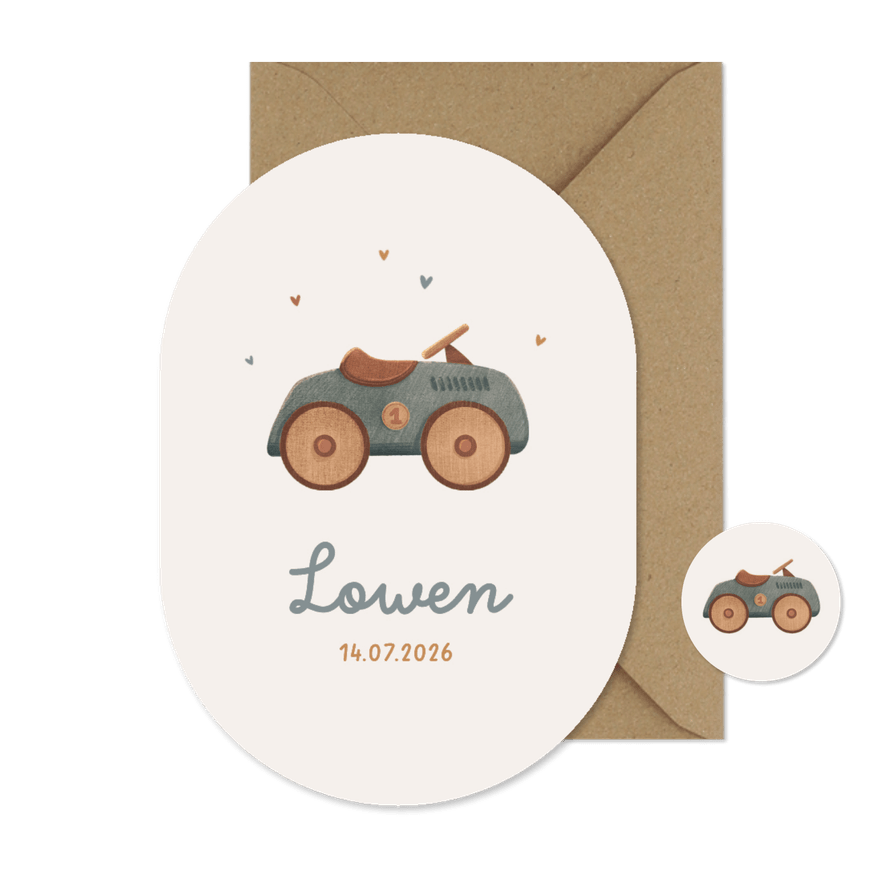 Geboortekaartje ovaal auto vintage retro speelgoed hout hip - Kaartimpressie