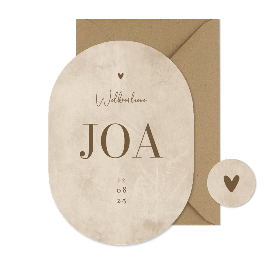 Geboortekaartje ovaal beige betonlook stijlvol unisex - Kaartimpressie