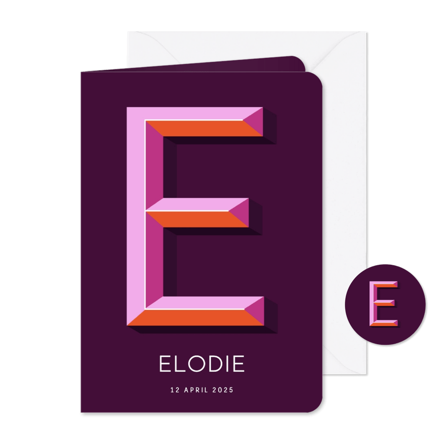 Geboortekaartje paars met gekleurde 3d letter E  - Kaartimpressie