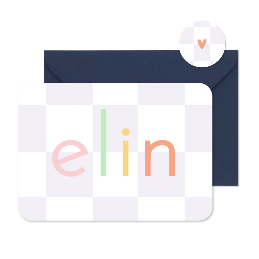 Geboortekaartje paarse blokjes met gekleurde naam - Kaartimpressie