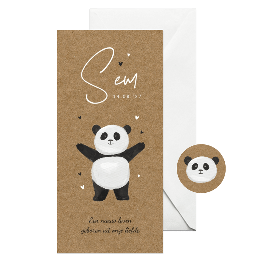 Geboortekaartje panda kraft hartjes lief  - Kaartimpressie