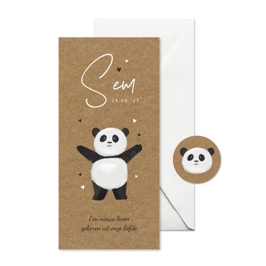 Geboortekaartje panda kraft hartjes lief  - Kaartimpressie