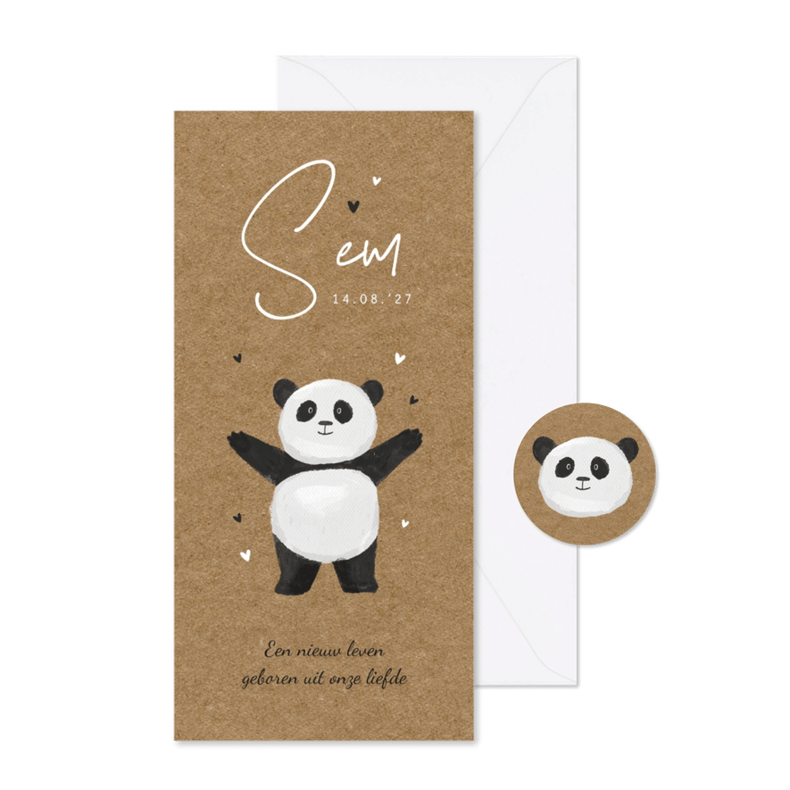 Geboortekaartje panda kraft hartjes lief  - Kaartimpressie