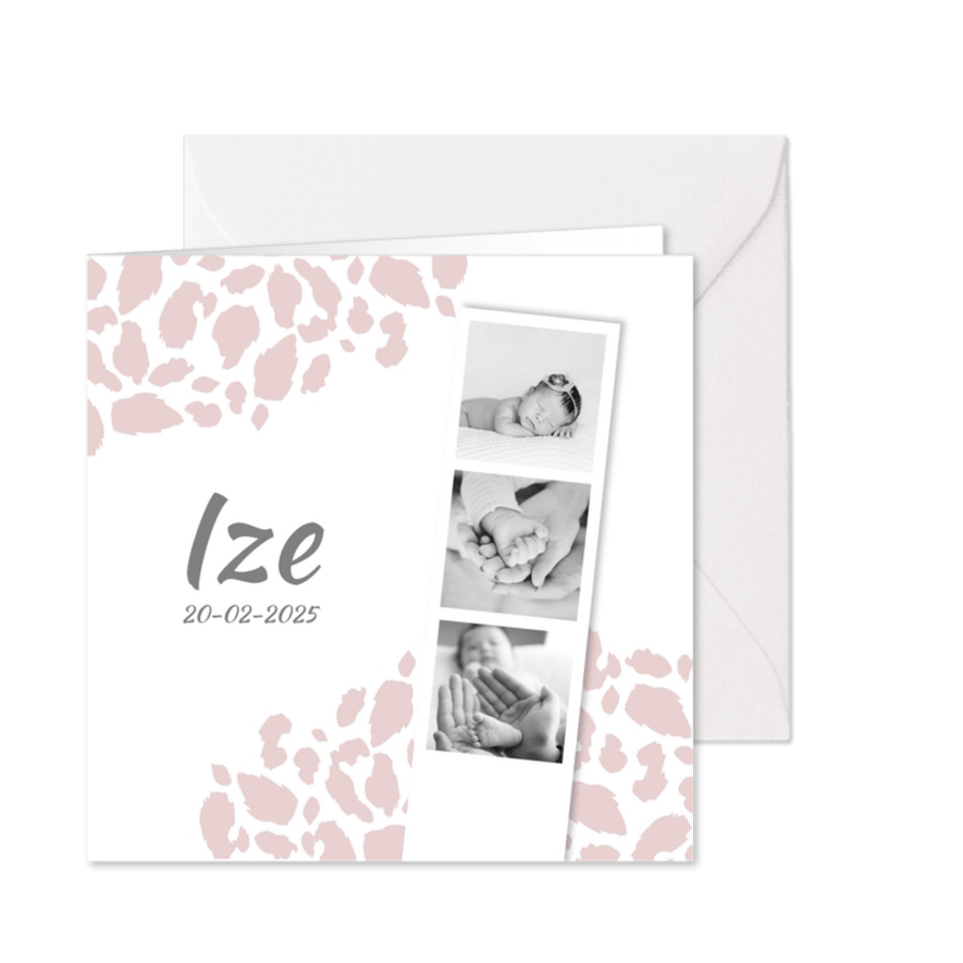 Geboortekaartje panterprint fotostrip roze - Kaartimpressie