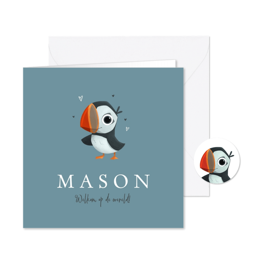 Geboortekaartje papegaaiduiker dieren hartjes jongen - Kaartimpressie