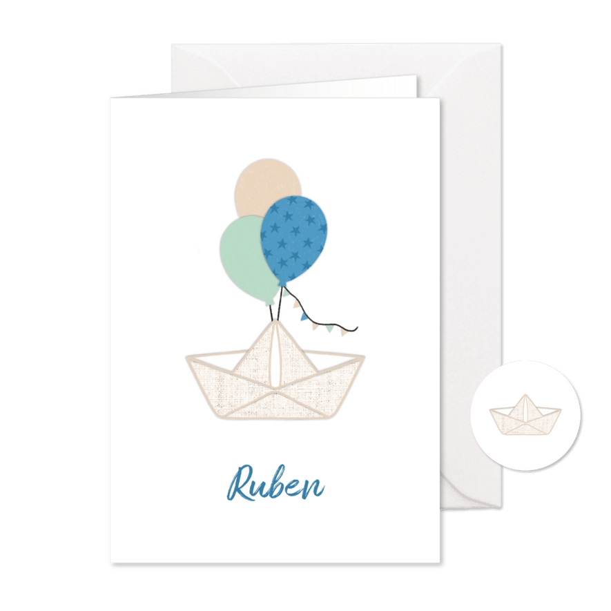 Geboortekaartje papieren bootje ballonnen blauw - Kaartimpressie