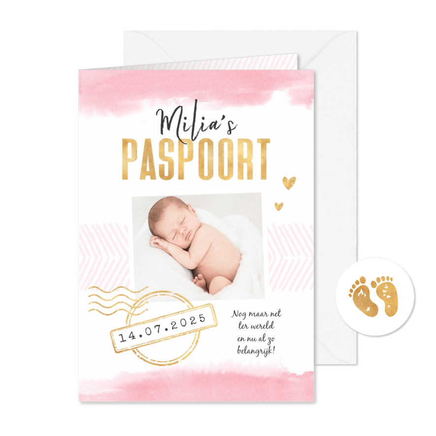 Geboortekaartje paspoort waterverf meisje stempels goud - Kaartimpressie