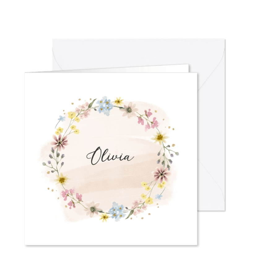 Geboortekaartje pastel bloemenkrans - Kaartimpressie