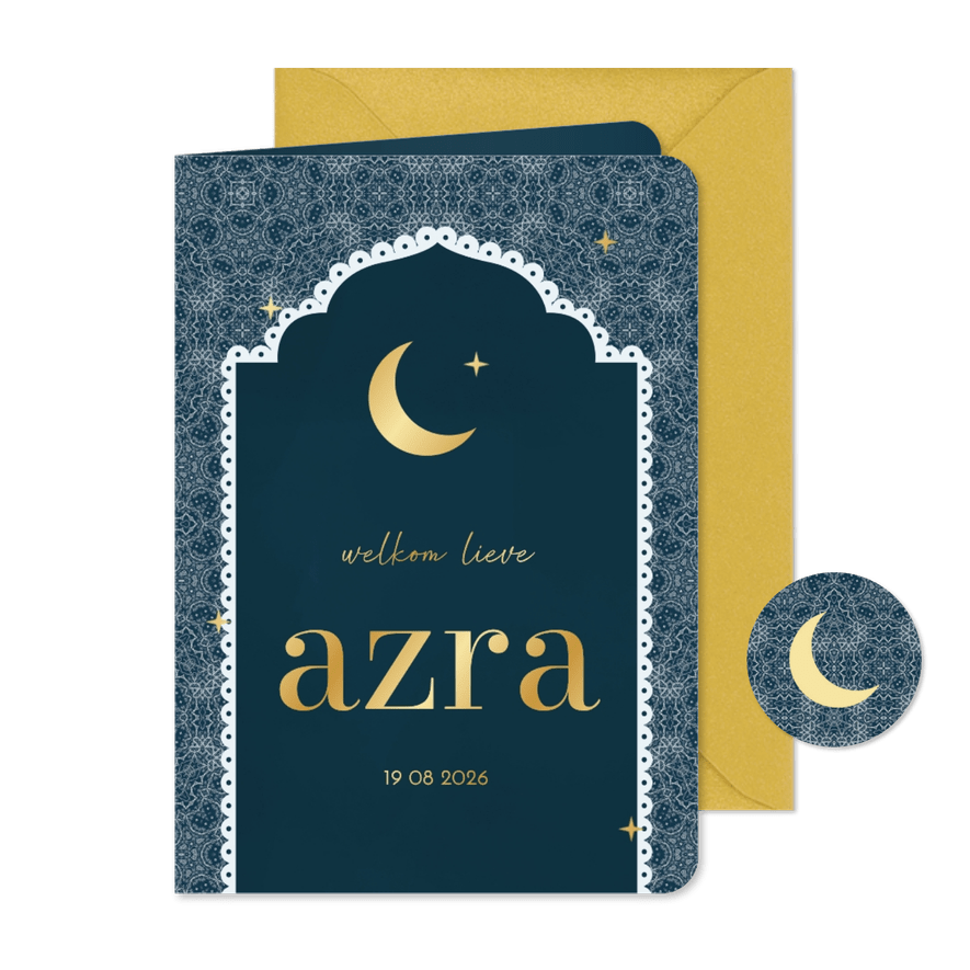 Geboortekaartje patroon en kader met maan donkerblauw - Kaartimpressie
