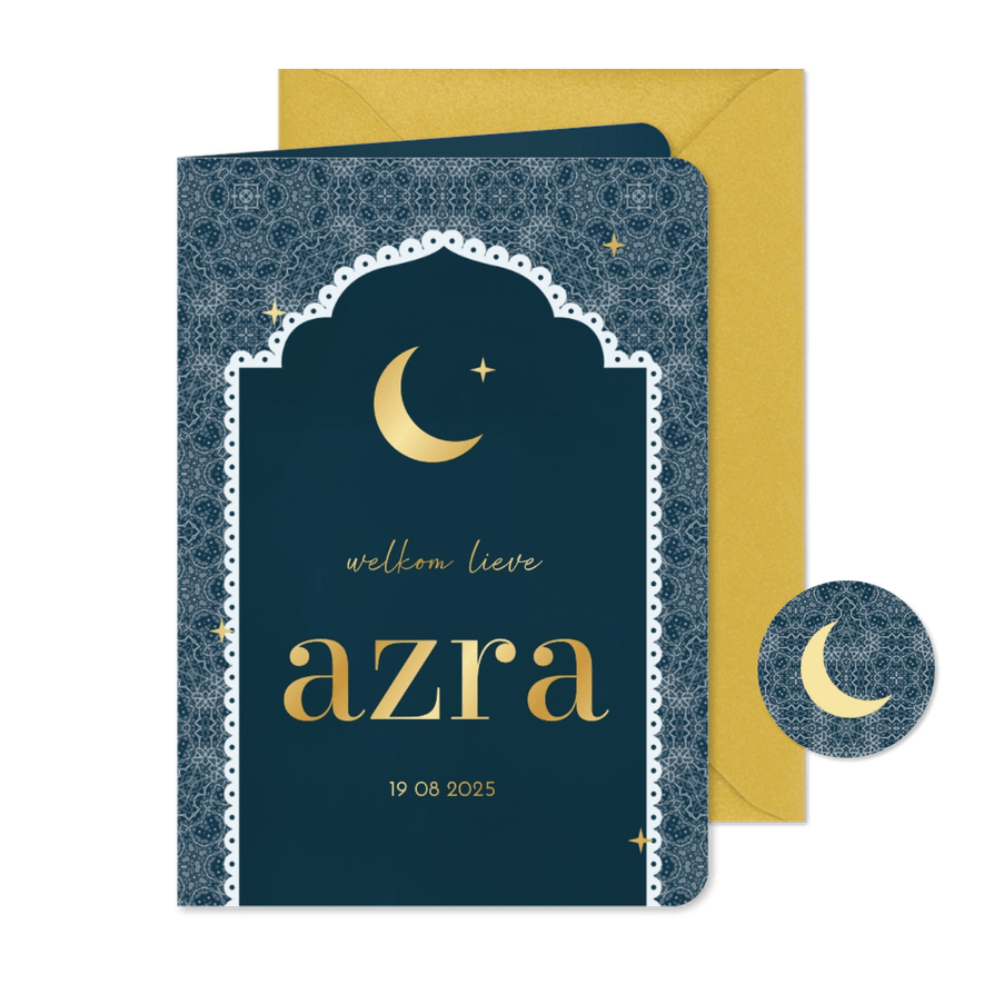 Geboortekaartje patroon en kader met maan donkerblauw - Kaartimpressie