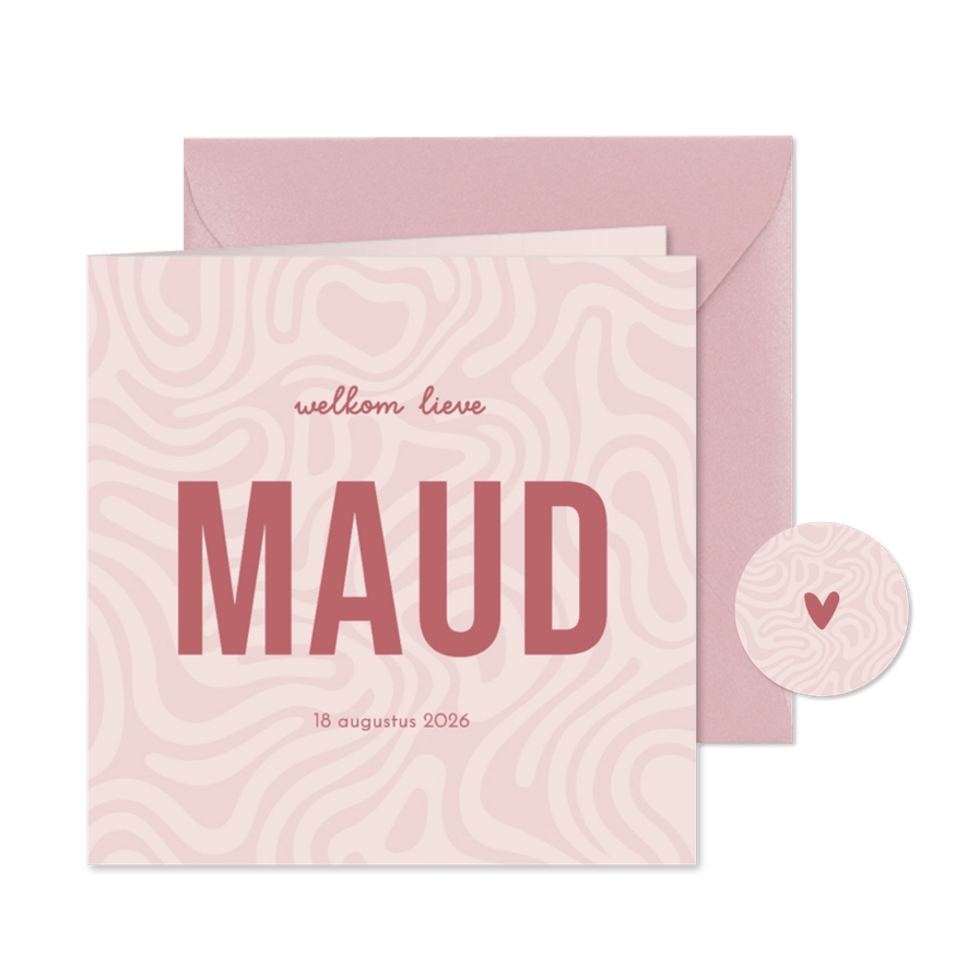 Geboortekaartje patroon wavy minimalistisch met roze - Kaartimpressie