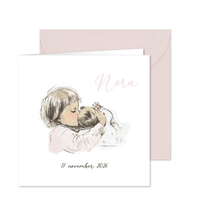 Geboortekaartje pentekening baby met grote zus in kleur - Kaartimpressie