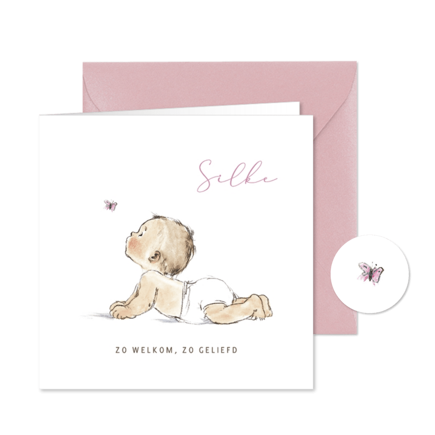 Geboortekaartje pentekening baby roze vlinder - Kaartimpressie