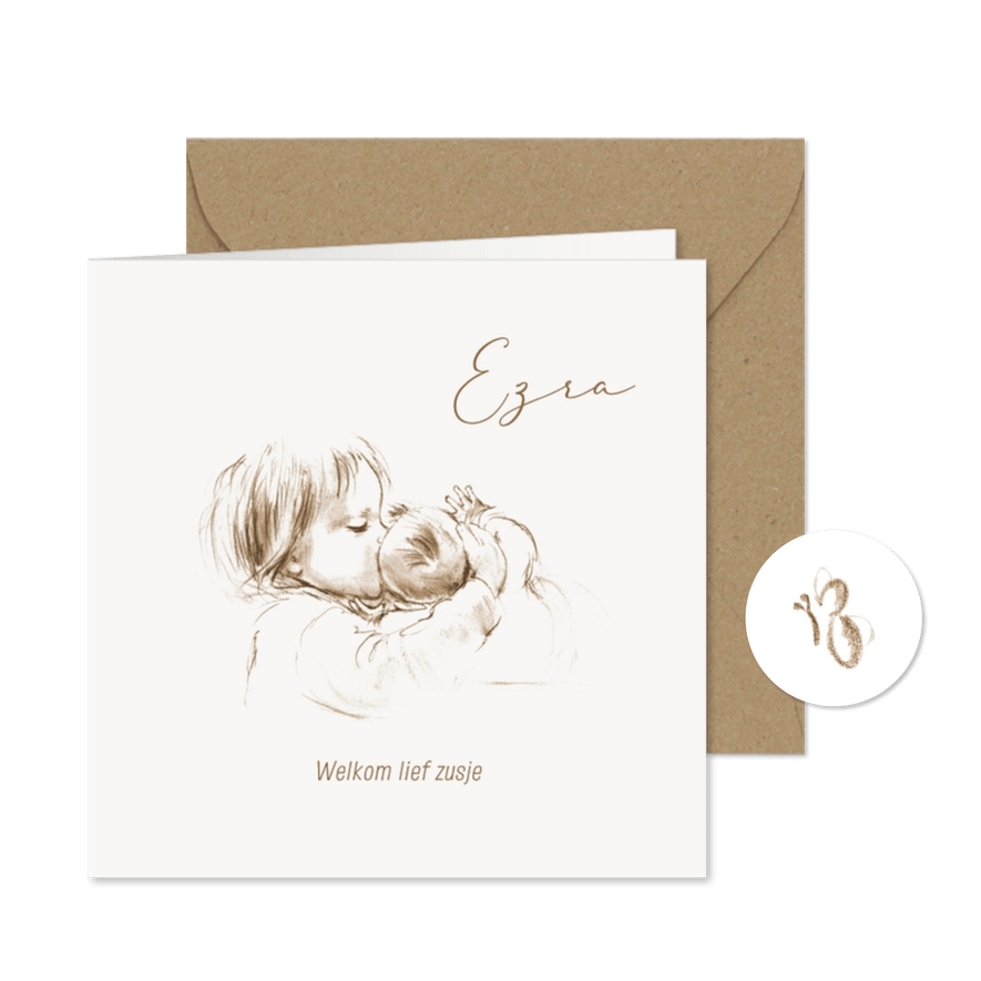 Geboortekaartje pentekening in sepia tweede kindje - Kaartimpressie