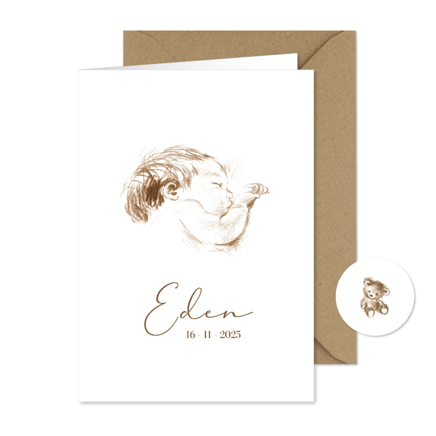 Geboortekaartje pentekening sepia slapende baby - Kaartimpressie