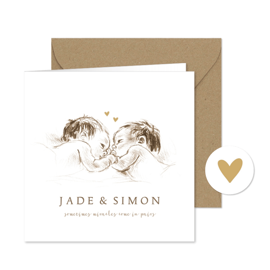 Geboortekaartje - pentekening tweeling baby's in bruindruk - Kaartimpressie