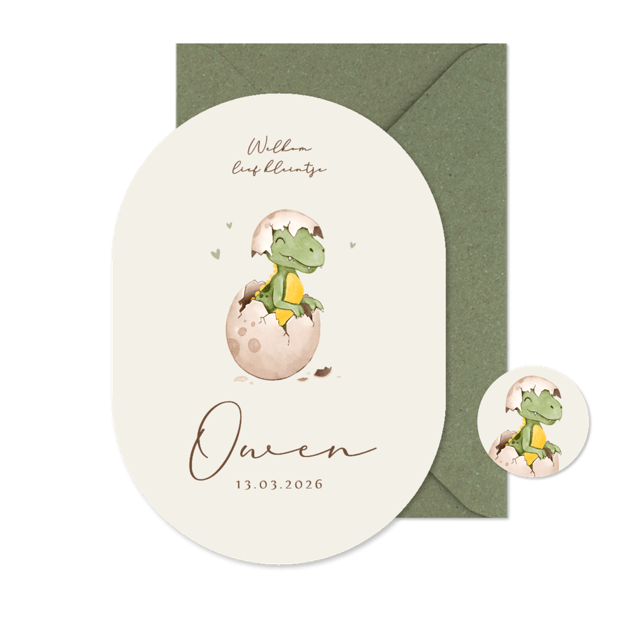 Geboortekaartje pilvorm baby dino t-rex ei schattig - Kaartimpressie
