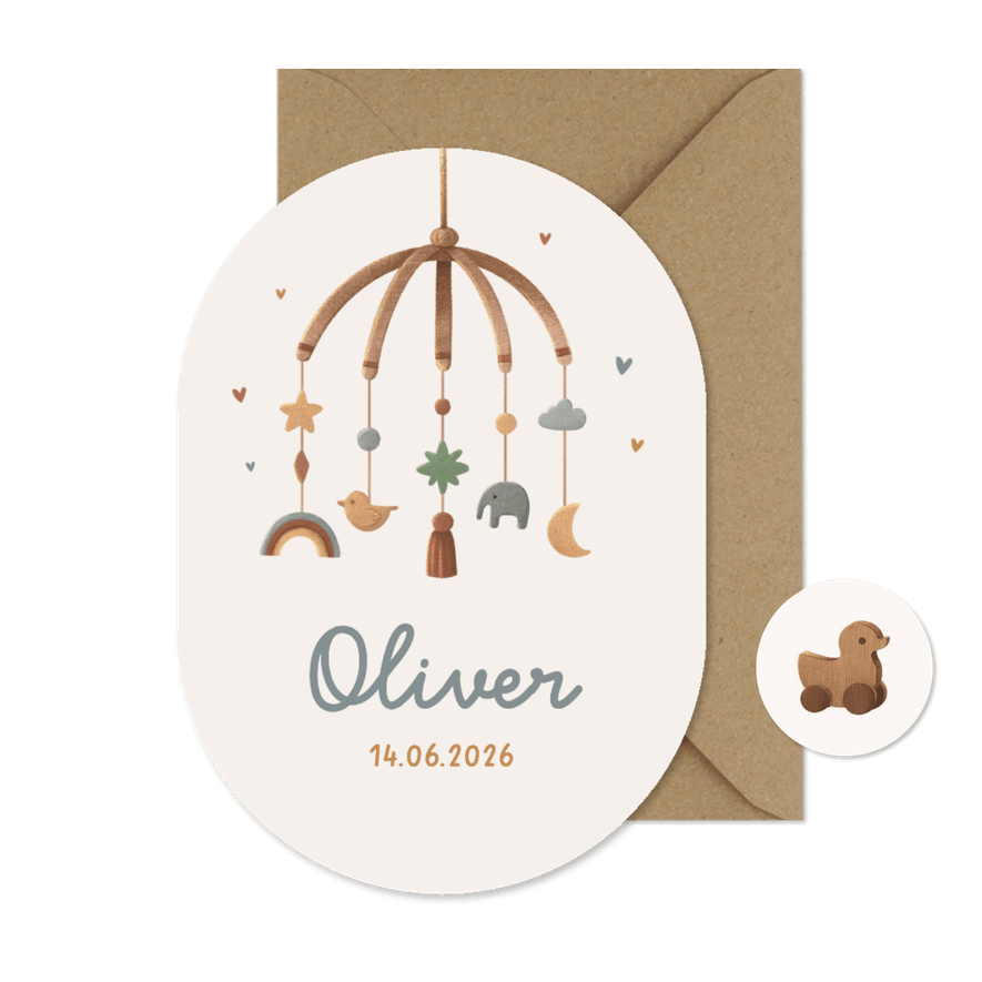 Geboortekaartje pilvorm vintage mobiel dieren regenboog - Kaartimpressie