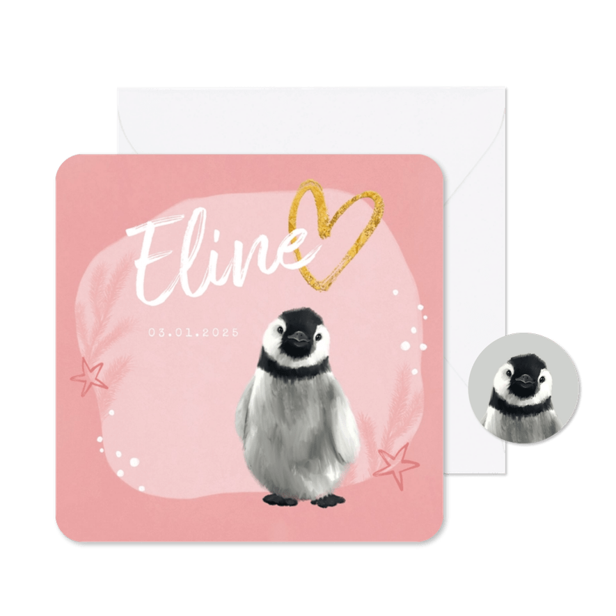 Geboortekaartje pinguin meisje sterren hartje goud - Kaartimpressie