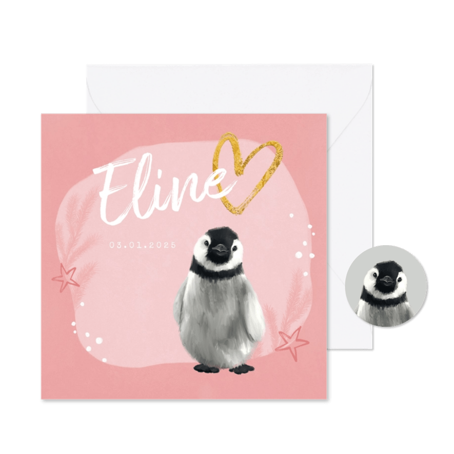 Geboortekaartje pinguin meisje sterren hartje goud - Kaartimpressie