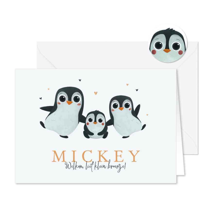 Geboortekaartje pinguïns derde kindje hartjes lief  - Kaartimpressie