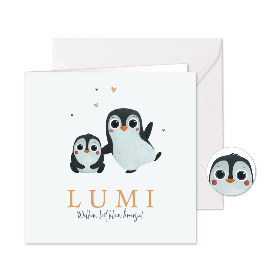 Geboortekaartje Pinguïns schattig dieren hartjes goud - Kaartimpressie