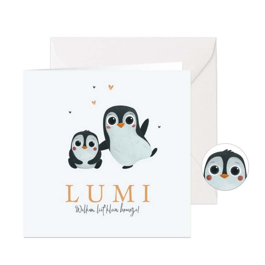 Geboortekaartje Pinguïns schattig dieren hartjes goud - Kaartimpressie