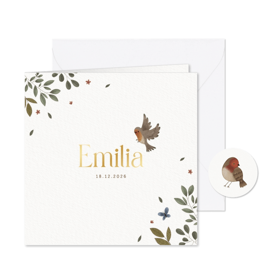 Geboortekaartje plantjes bloemetjes en vogeltje - Kaartimpressie