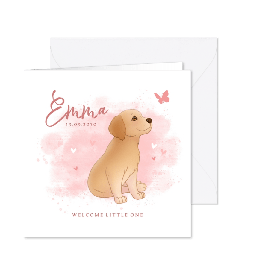 Geboortekaartje puppy roze achtegrond met hartjes vlinder - Kaartimpressie
