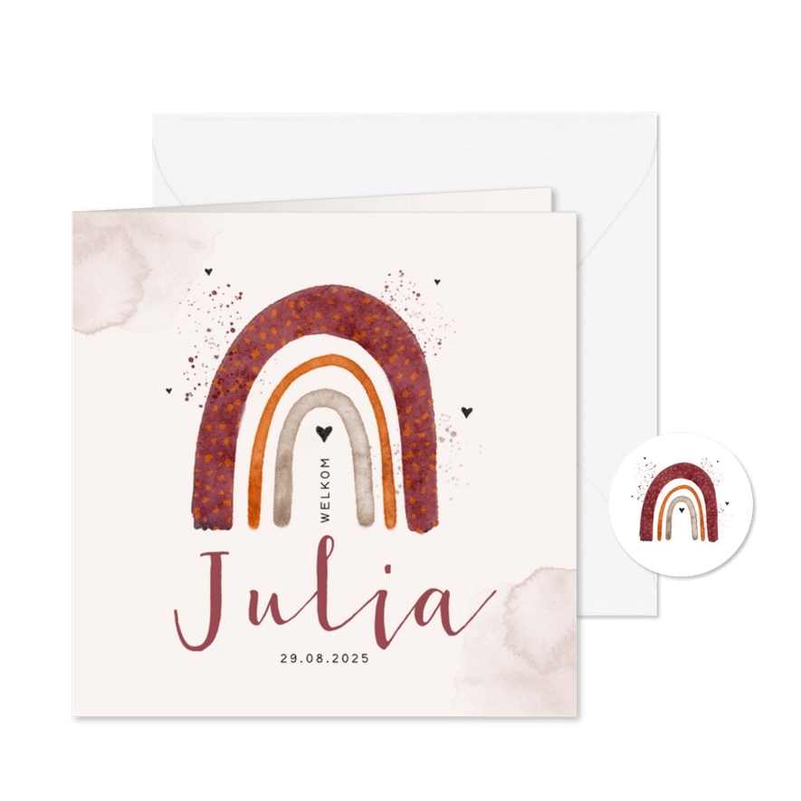 Geboortekaartje regenboog meisje waterverf hartjes spetters - Kaartimpressie