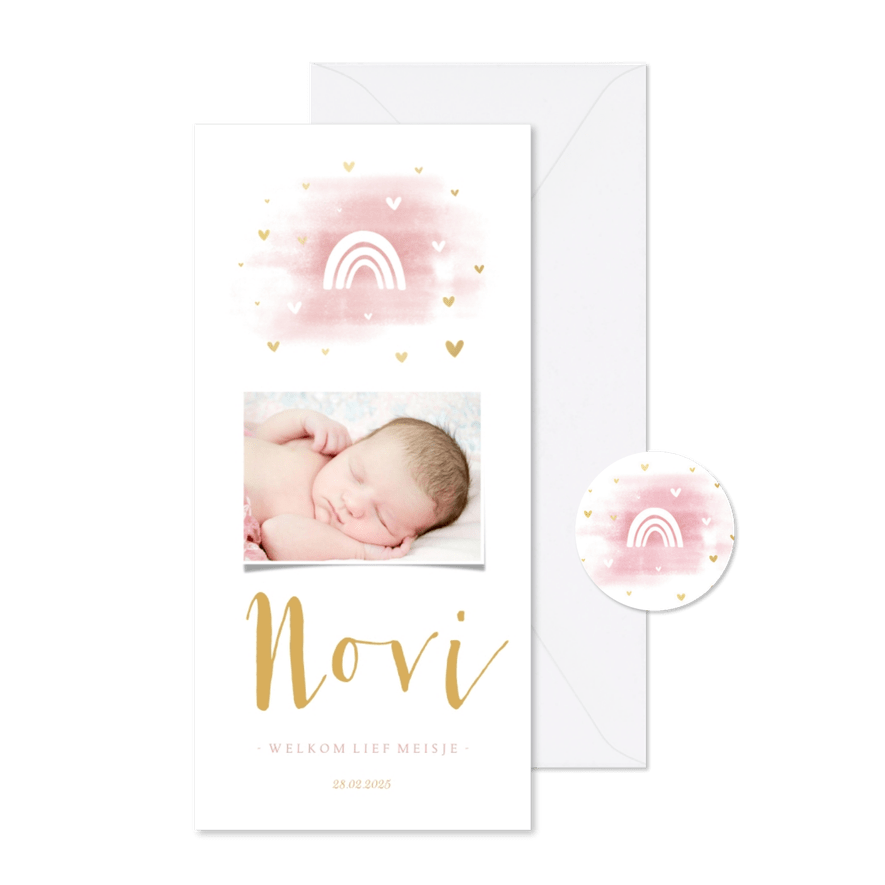 Geboortekaartje regenboog met foto, hartjes en waterverf - Kaartimpressie