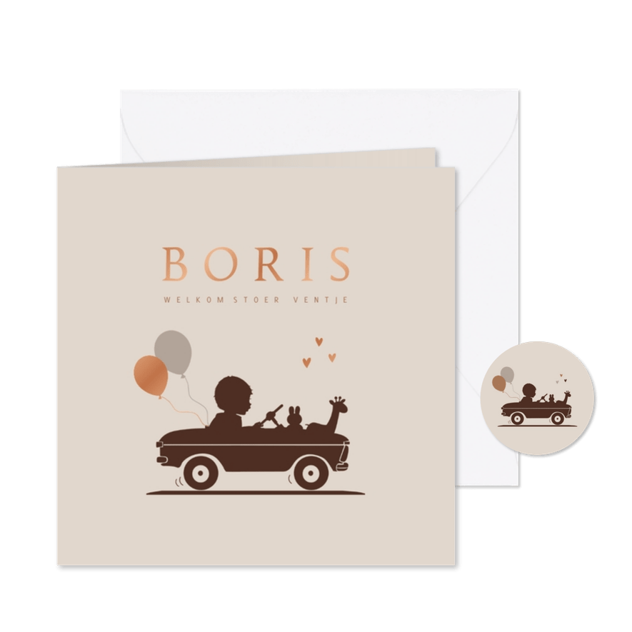 Geboortekaartje retro auto met ballonnen jongen - Kaartimpressie