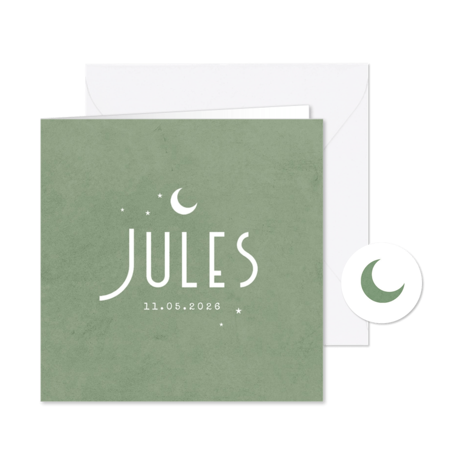 Geboortekaartje retro sterren botanisch groen maan - Kaartimpressie