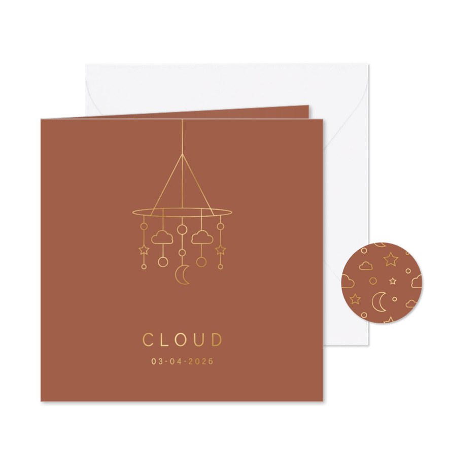 Geboortekaartje roestkleur met gouden mobile - Kaartimpressie