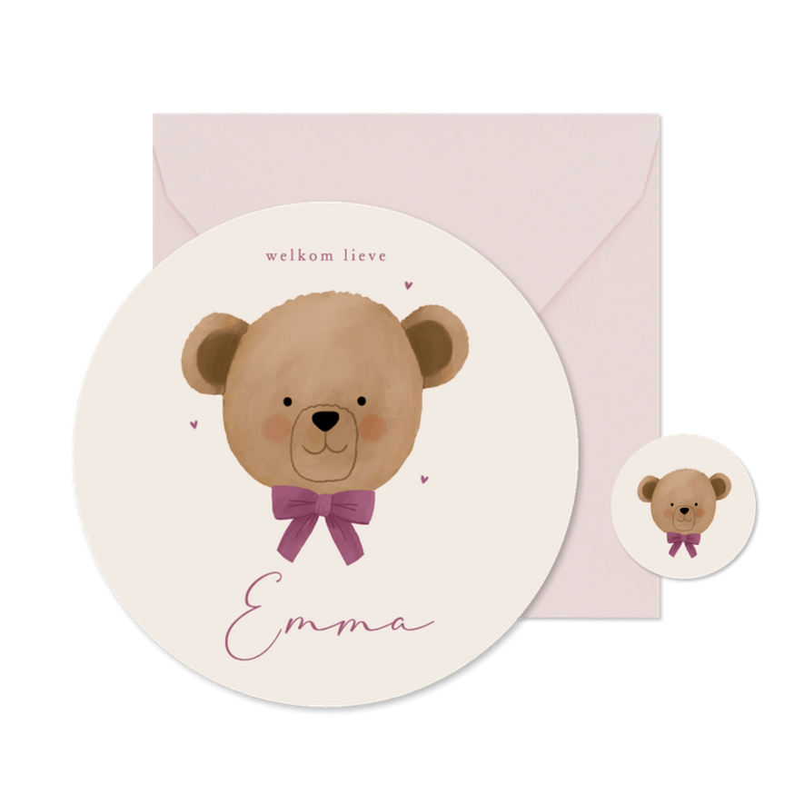 Geboortekaartje rond teddybeer met paarse strik - Kaartimpressie