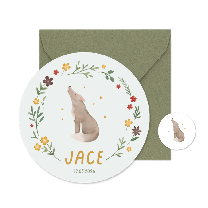 Geboortekaartje rond wolfje bloemen vogel lief lente - Kaartimpressie