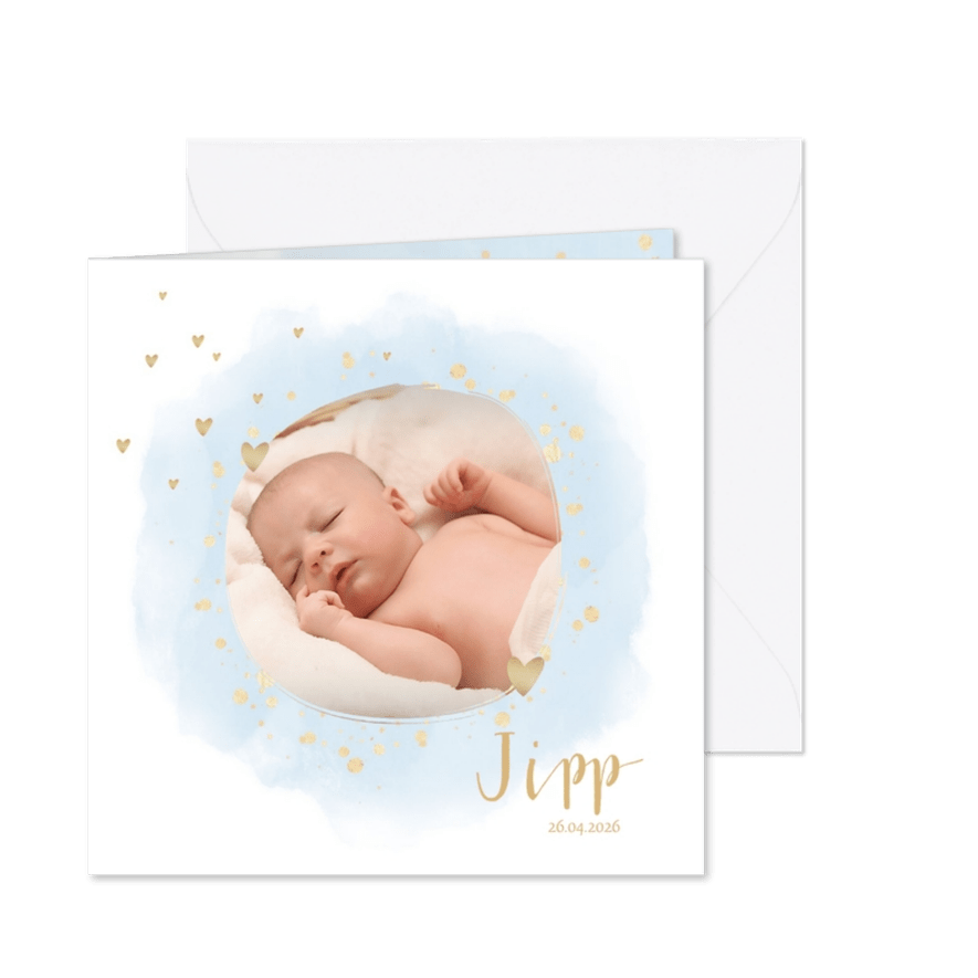 Geboortekaartje ronde foto hartjes waterverf lichtblauw - Kaartimpressie