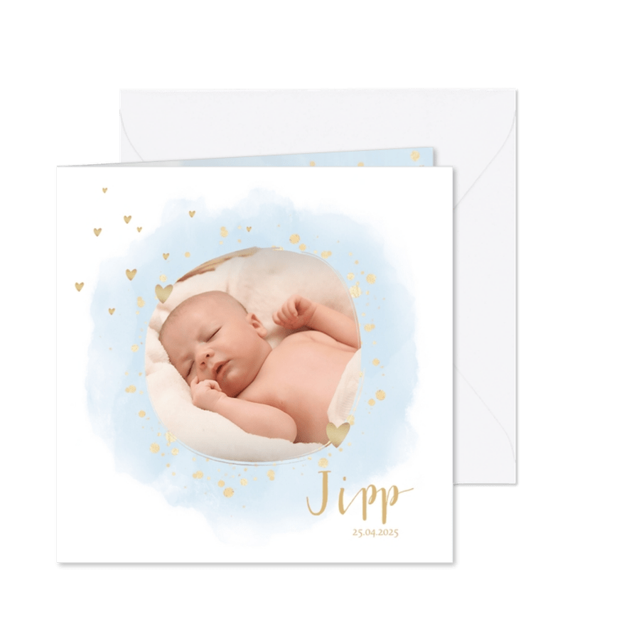 Geboortekaartje ronde foto hartjes waterverf lichtblauw - Kaartimpressie