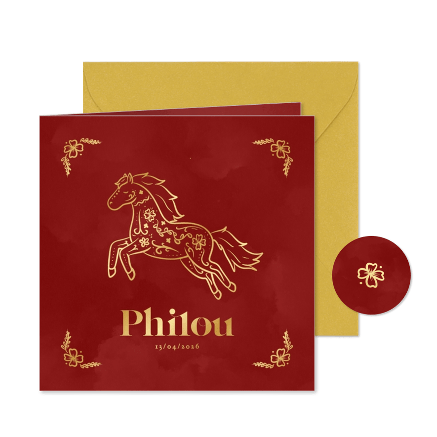 Geboortekaartje rood met gouden paard Chinees sterrenbeeld - Kaartimpressie