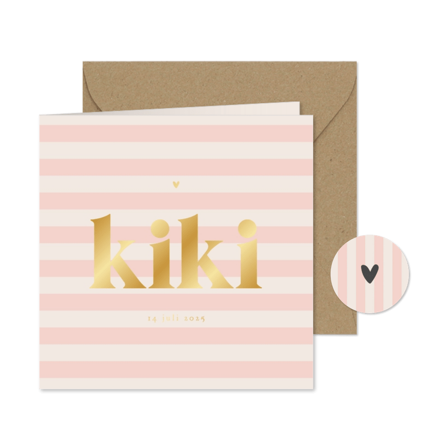 Geboortekaartje roze beige gestreept goudfolie - Kaartimpressie