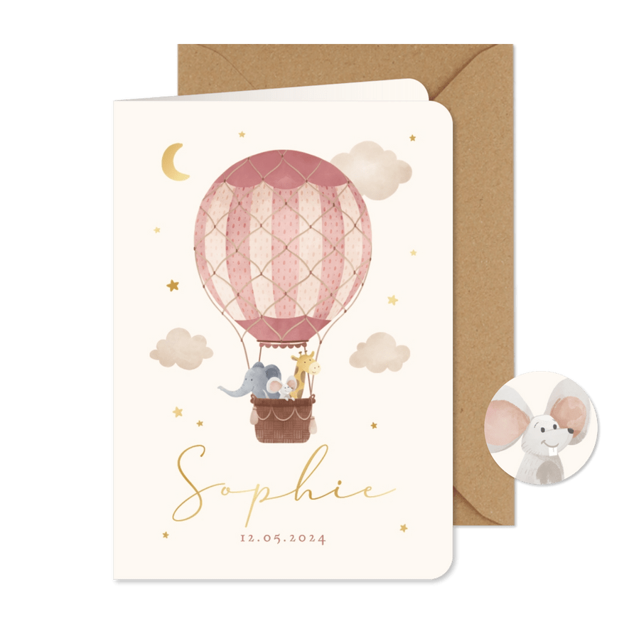 Geboortekaartje roze dieren luchtballon vintage sterren - Kaartimpressie