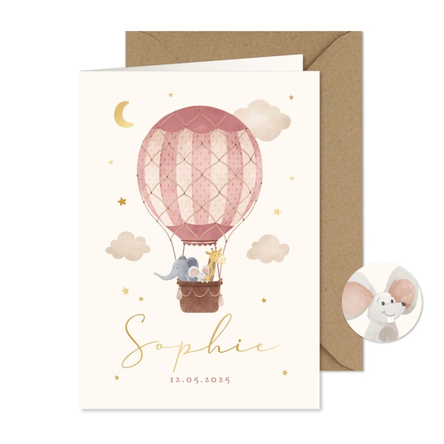 Geboortekaartje roze dieren luchtballon vintage sterren - Kaartimpressie