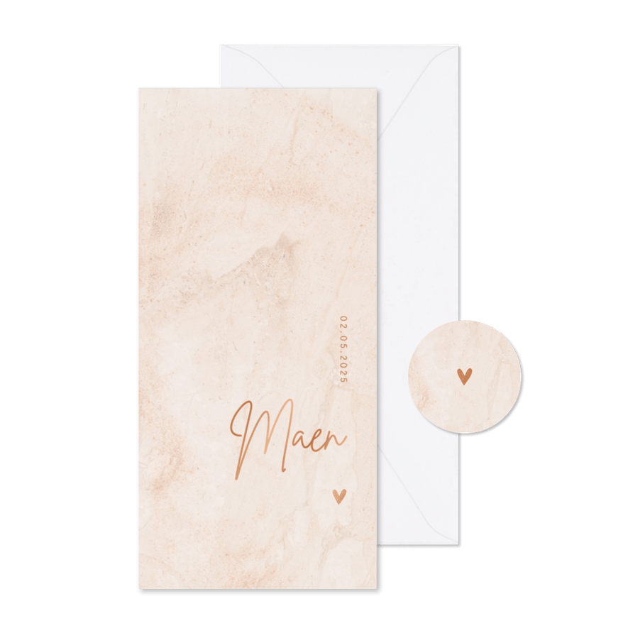 Geboortekaartje roze marmer en hartje minimalistisch - Kaartimpressie