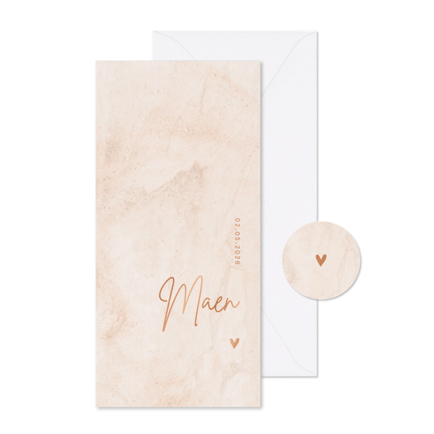 Geboortekaartje roze marmer en hartje minimalistisch - Kaartimpressie