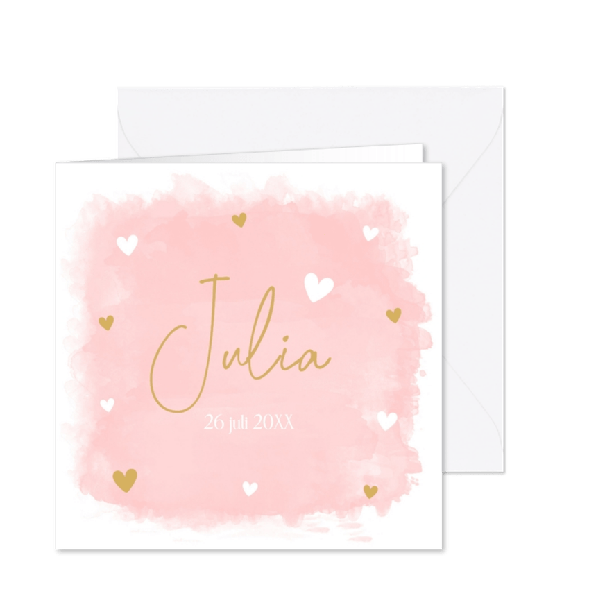 Geboortekaartje roze meisje watercolour hartjes - Kaartimpressie