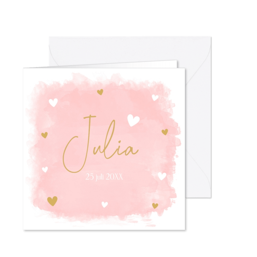 Geboortekaartje roze meisje watercolour hartjes - Kaartimpressie