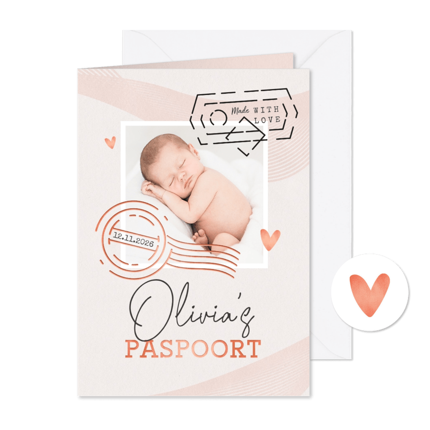 Geboortekaartje roze paspoort made with love stempels - Kaartimpressie